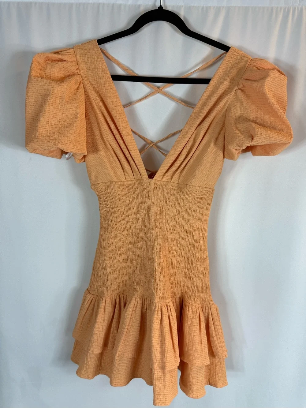 NWT Hello Molly Apricot Puff Sleeve Smocked Mini Dress size: XS